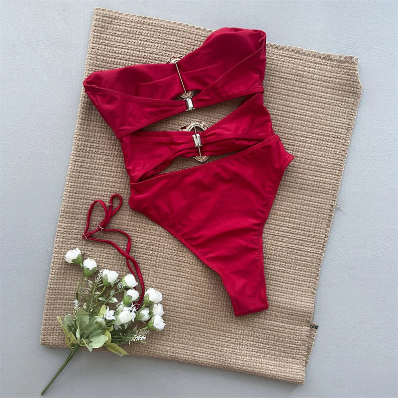 Sexy Metal Rings Cut Out Women Swimwear Bandeau One Piece Swimsuit Hollow Out Female Monokini Bathing Suit