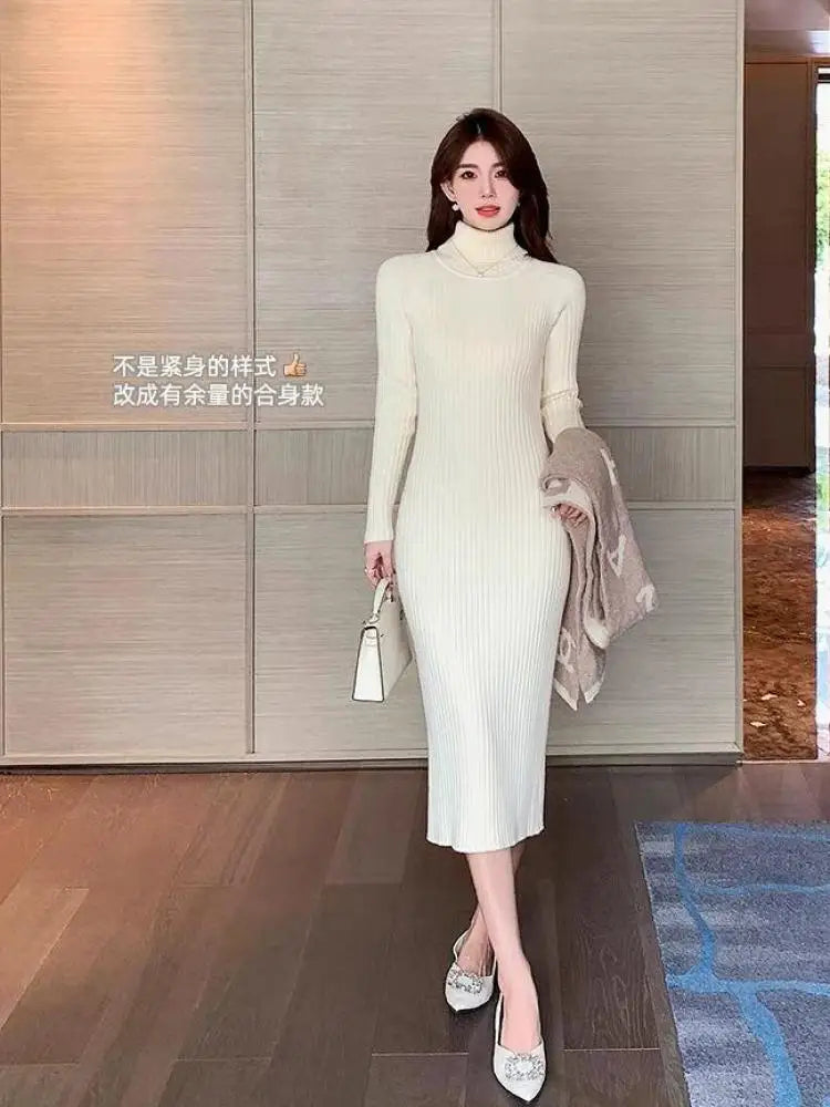 Autumn Winter White Sweater Dresses Fashion Female Black Long Sleeve Skinny Casual Blue Turtleneck Kintted Wrap Hip Dress Women