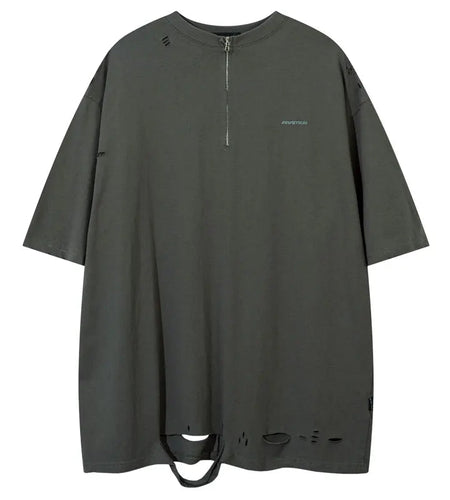 Hip Hop Oversized Tshirt Streetwear Solid Half Zipper Destroy Ripped Holes Punk Gothic T-Shirts Men Harajuku Casual Baggy Tops