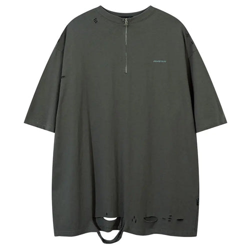 Load image into Gallery viewer, Hip Hop Oversized Tshirt Streetwear Solid Half Zipper Destroy Ripped Holes Punk Gothic T-Shirts Men Harajuku Casual Baggy Tops
