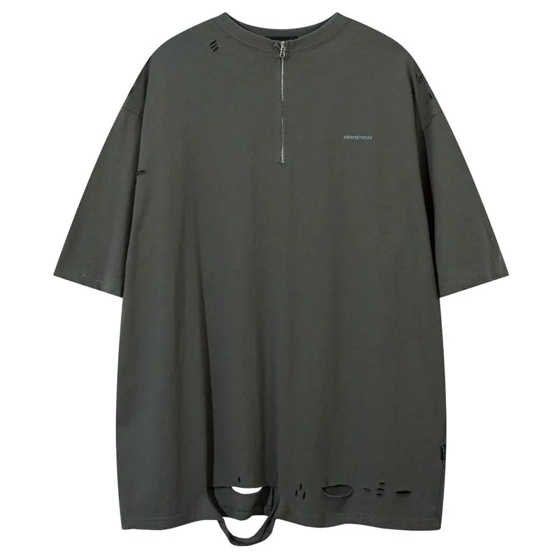 Hip Hop Oversized Tshirt Streetwear Solid Half Zipper Destroy Ripped Holes Punk Gothic T-Shirts Men Harajuku Casual Baggy Tops