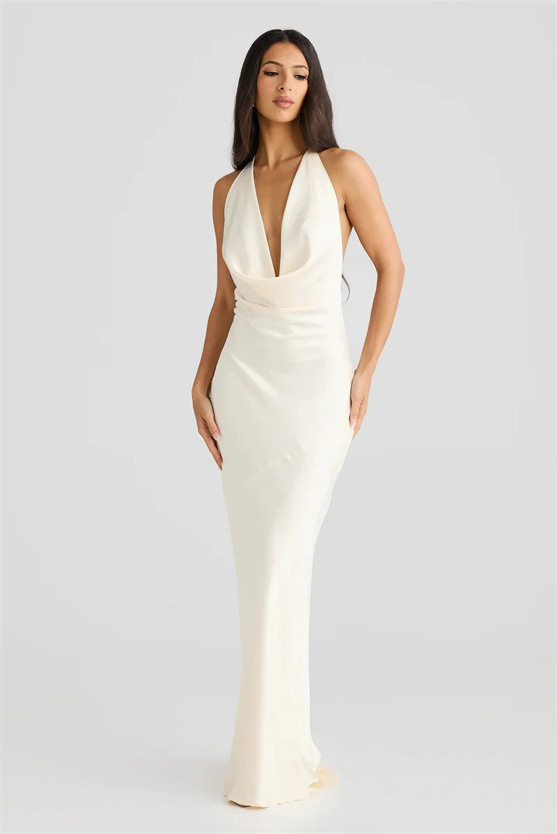 Satin Halter Backless Sexy Maxi Dress Women Gown Elegant Solid Sleeveless Lace-up High Waist Evening Club Long Dress