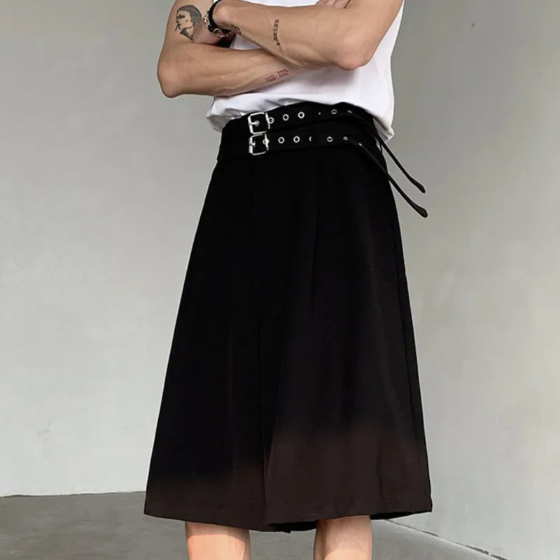 Summer Men's Five-point Shorts Casual Straight Double Belt Design High-waisted Black Male Clothing Wide Leg 9C5517