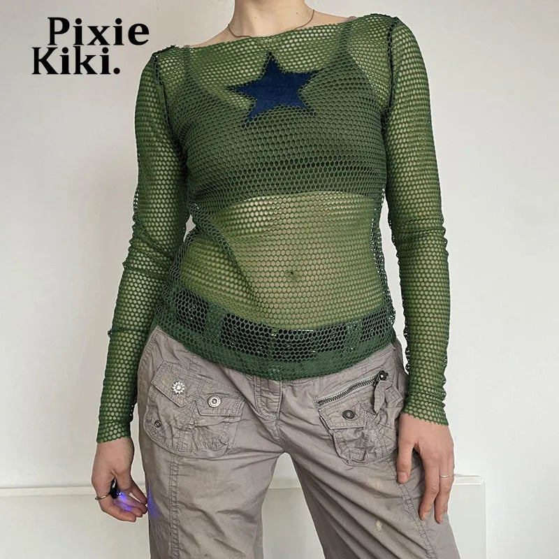 Y2k Tops Star Patchwork Hollow Fishnet Mesh T Shirts Long Sleeve Sexy Green Tops for Woman Autumn 2024 P67-BG10