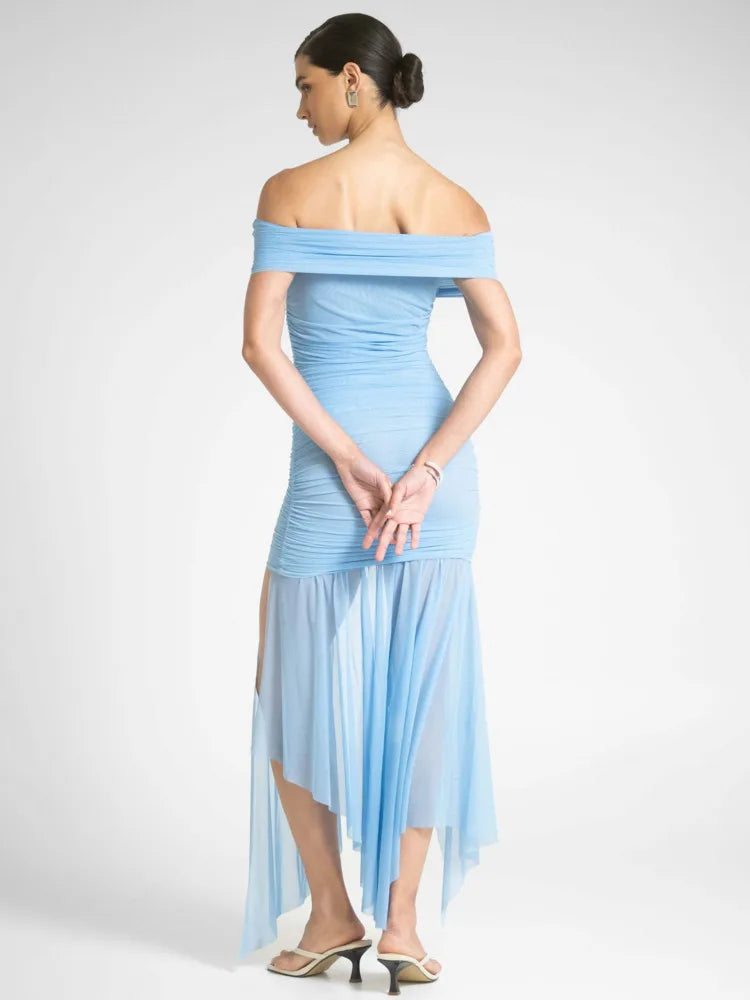 Elegant Sleeveless One Shoulder Mesh Patchwork Elastic Tight Dress Women Sexy Backless Perspective Party Club Vestido