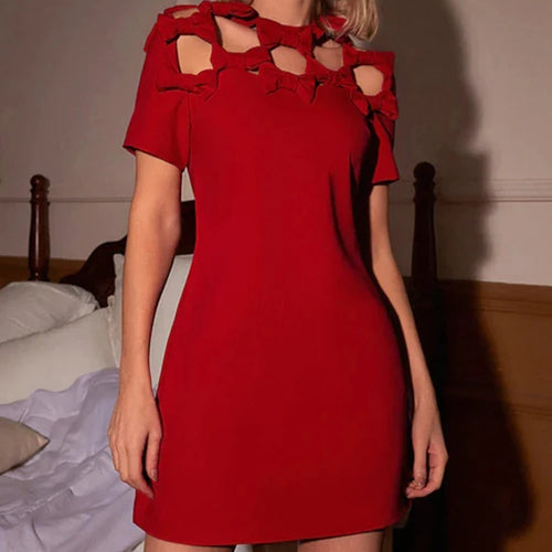 Load image into Gallery viewer, Patchwork Bowknot Hollow Out Elegant Dresses For Women Round Neck Short Sleeve High Waist Solid A Line Dress Female Fashion
