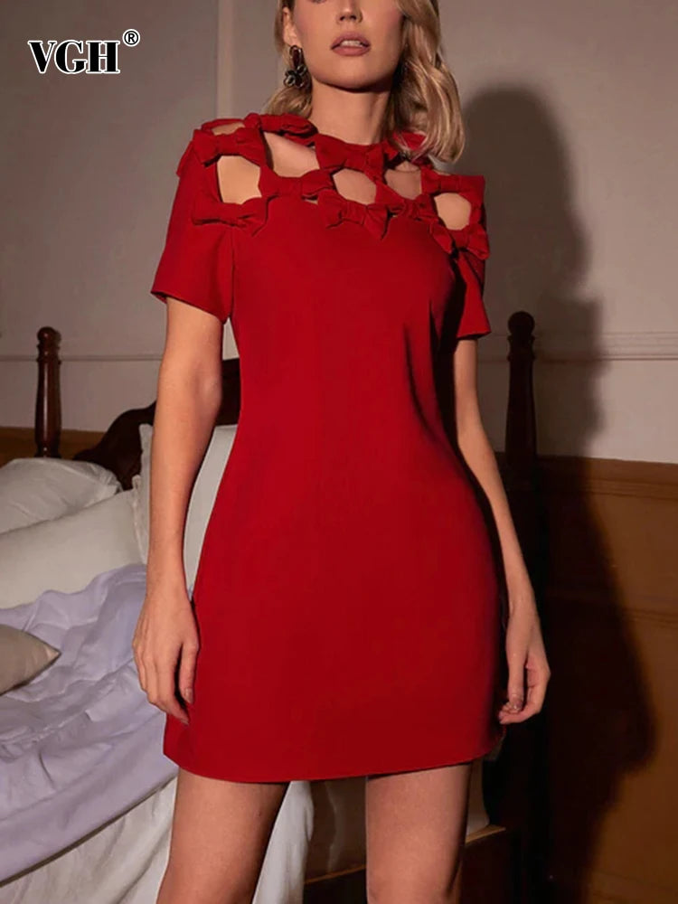 Patchwork Bowknot Hollow Out Elegant Dresses For Women Round Neck Short Sleeve High Waist Solid A Line Dress Female Fashion