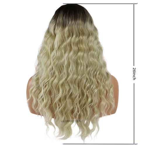 Load image into Gallery viewer, Long Curly Wigs with Bangs Synthetic Hair Natural Wigs for White Women Golden Blonde Wig Dark Roots Ombre Color Hair Healthy Wig
