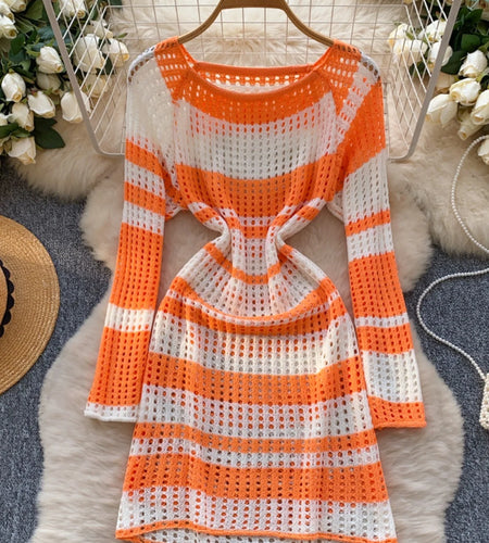 Korean 2025 Spring New Elegant Rainbow Stripe Long Sleeves Knitted Dresses Women Round Neck Hollow Out Vacation Midi Dress Trend
