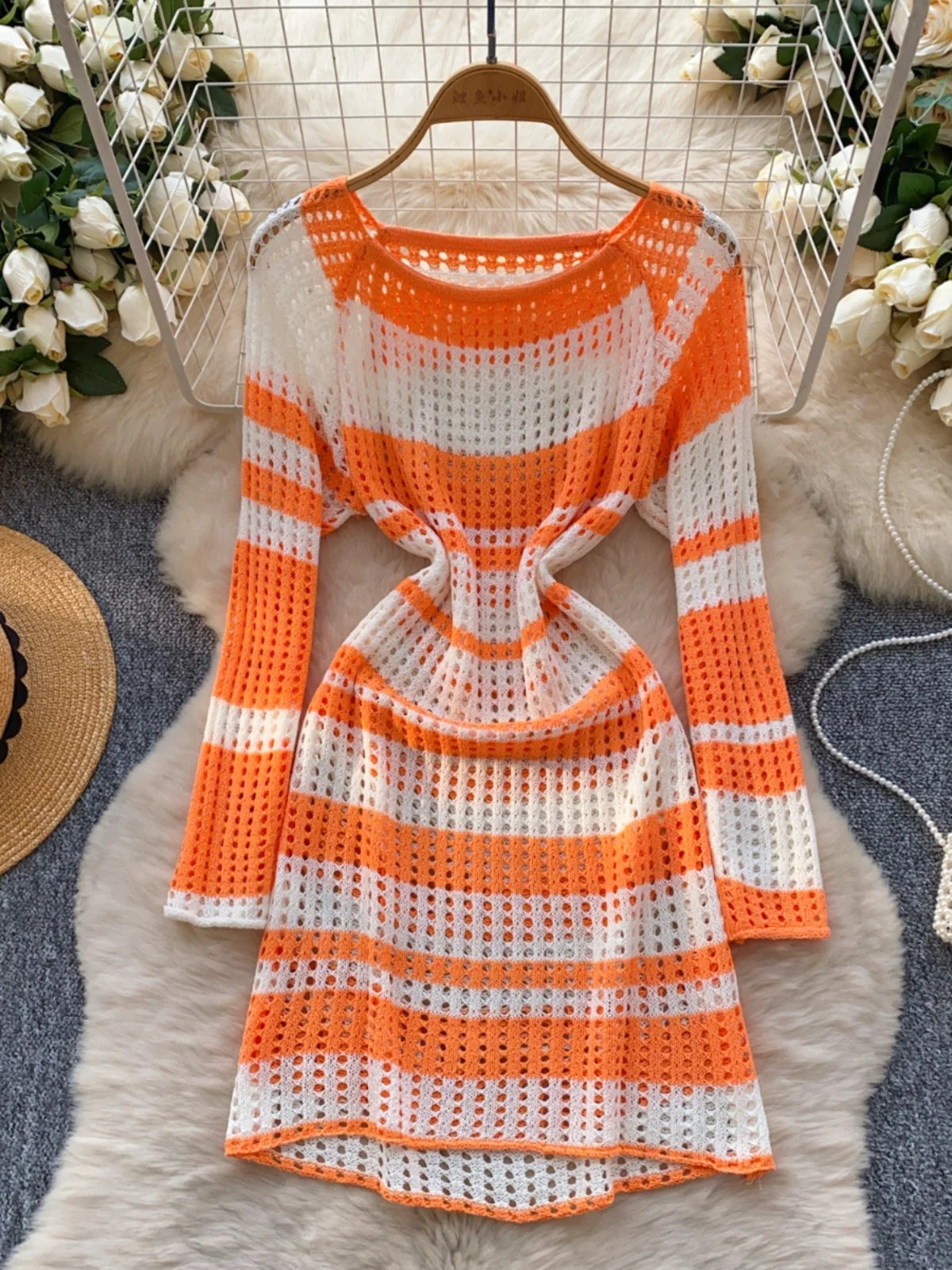 Korean 2025 Spring New Elegant Rainbow Stripe Long Sleeves Knitted Dresses Women Round Neck Hollow Out Vacation Midi Dress Trend