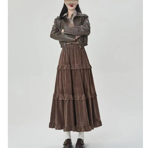 Load image into Gallery viewer, French Women Solid Elegant Vacation Cake Pleated Long Skirts 2024 Autumn Winter New High Waist Ruffle Edge Party Skirt Fashion
