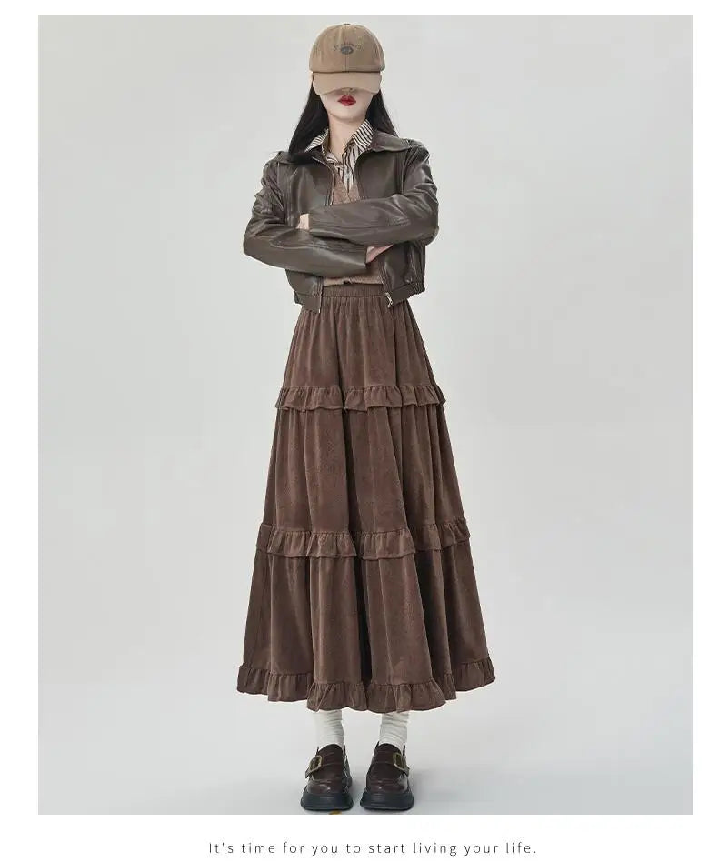 French Women Solid Elegant Vacation Cake Pleated Long Skirts 2024 Autumn Winter New High Waist Ruffle Edge Party Skirt Fashion