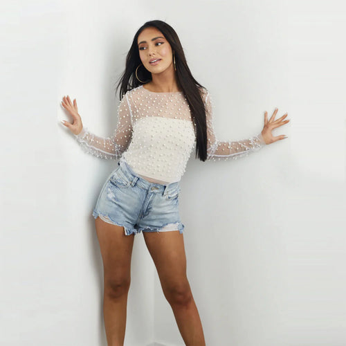 Load image into Gallery viewer, Pearl Mesh See Through T-shirt Women Fashion Long Sleeve Pullover Blouse Ladies Summer U Neck Sexy Tee Shirt Tops
