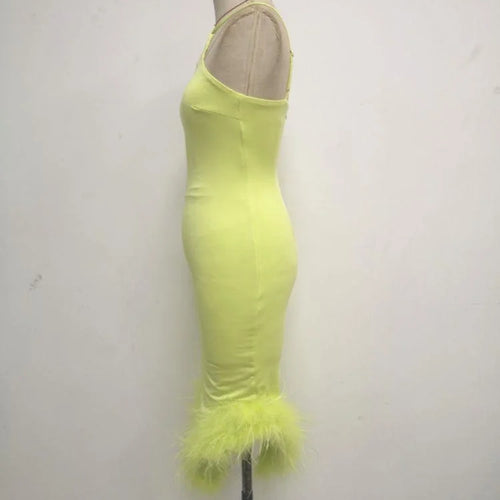 Load image into Gallery viewer, Elegant Spaghetti Strap Feather Midi Dress For Women Robe Fashion Sexy Backless Bodycon Club Party Dress Vestido
