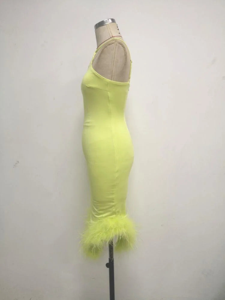 Elegant Spaghetti Strap Feather Midi Dress For Women Robe Fashion Sexy Backless Bodycon Club Party Dress Vestido