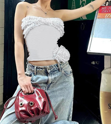 y2k Tube Tops Women Summer Ruffle Trim 3D Flower Off Shoulder Backless Sleeveless T Shirt Coquette Clothes Streetwear