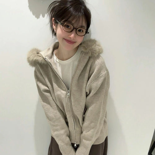 Load image into Gallery viewer, Women Fur Patchwork Hooded Grunge Cardigan Streetwear Vintage Dual Zippers Solid Jackets Y2k Aesthetic Casual Loose Sweaters
