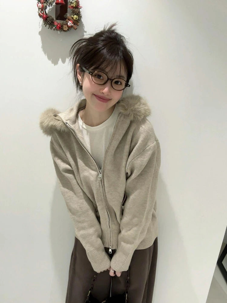 Women Fur Patchwork Hooded Grunge Cardigan Streetwear Vintage Dual Zippers Solid Jackets Y2k Aesthetic Casual Loose Sweaters