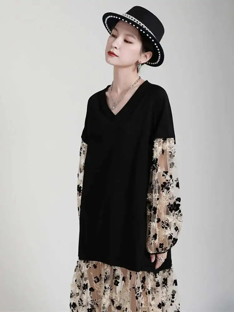 Women Pattern Printed Perspective Big Size Dress New V-Neck Long Sleeve Loose Fit Fashion Tide Spring Autumn 2025 1DE3176