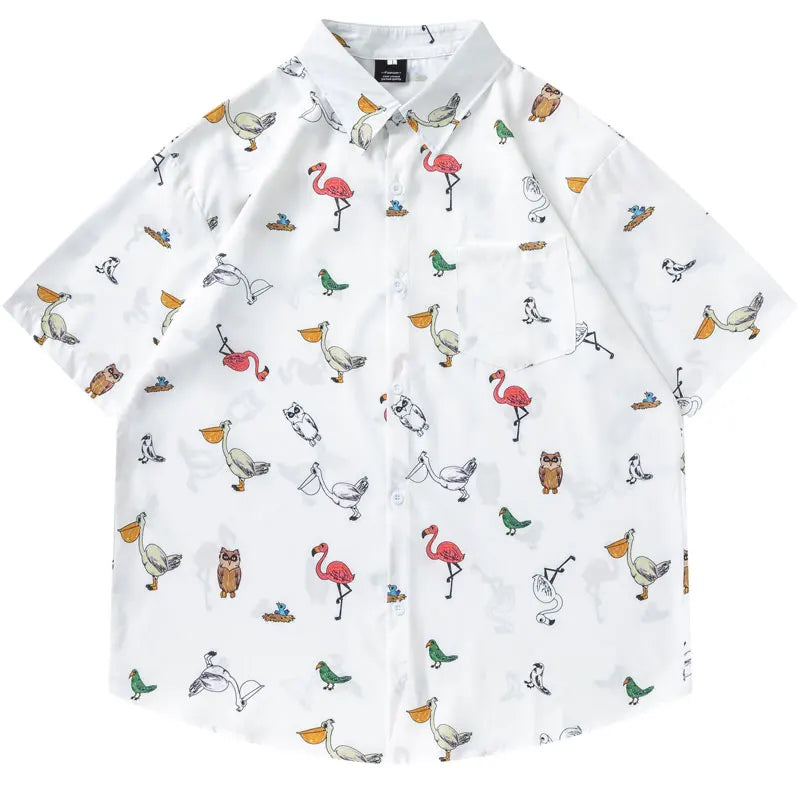 Men Hawaiian Shirts Cartoon Birds Graphic Printed Button Up Short Sleeve Beach Blouse Summer Harajuku Casual Baggy Shirt Tops