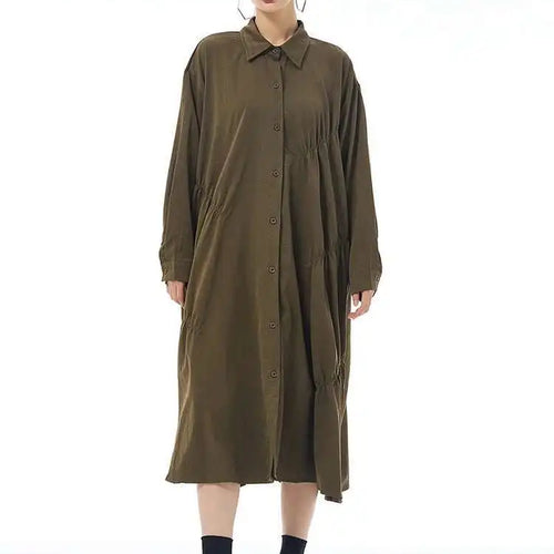 Load image into Gallery viewer, Women Coffee Pleated Spliced Big Size Midi Shirt Dress New Lapel Long Sleeve Fashion Tide Spring Autumn 2025 1DH7416
