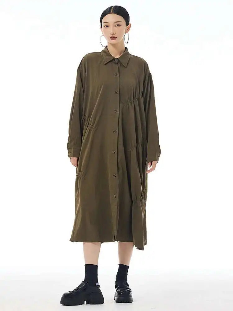 Women Coffee Pleated Spliced Big Size Midi Shirt Dress New Lapel Long Sleeve Fashion Tide Spring Autumn 2025 1DH7416