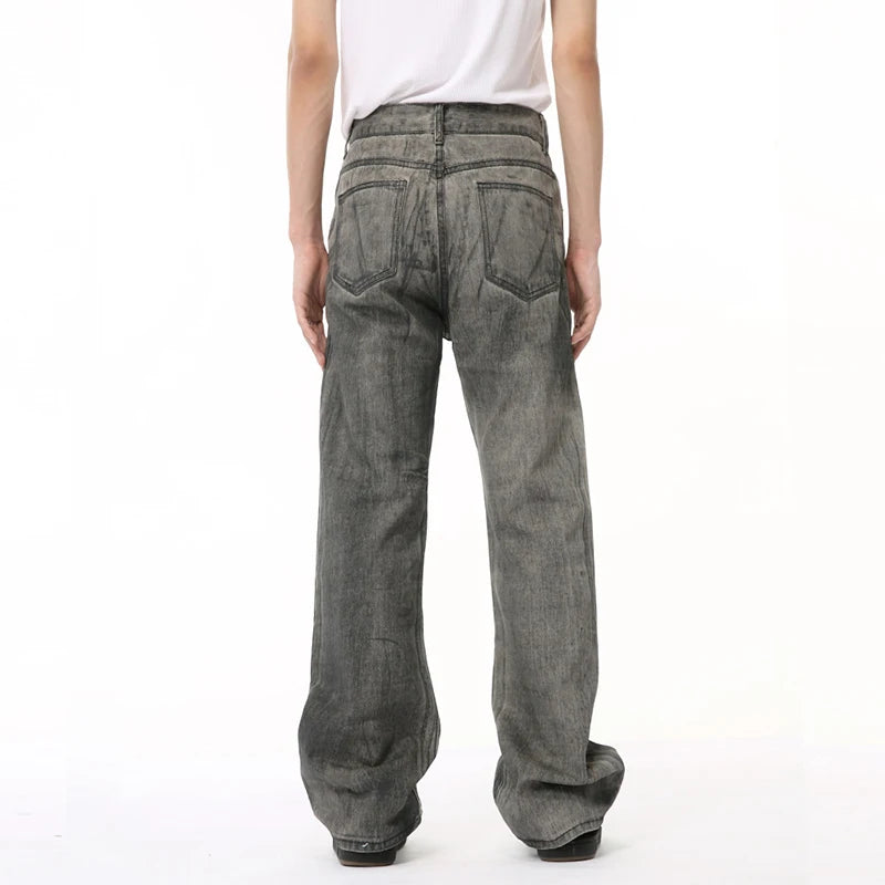 Male Grey Black Denim Pants New Worn-out Washed Loose Straight Wide Leg Boot Cut Men‘s Jeans Summer Fashion 9C6682