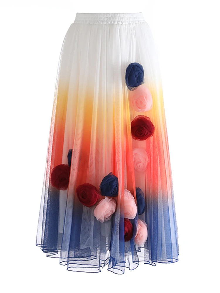 High Elastic Waist Blue 3D Flower Gradual Color Mesh A-line Half-body Skirt Women Fashion New Spring Autumn 2025  1DJ1259