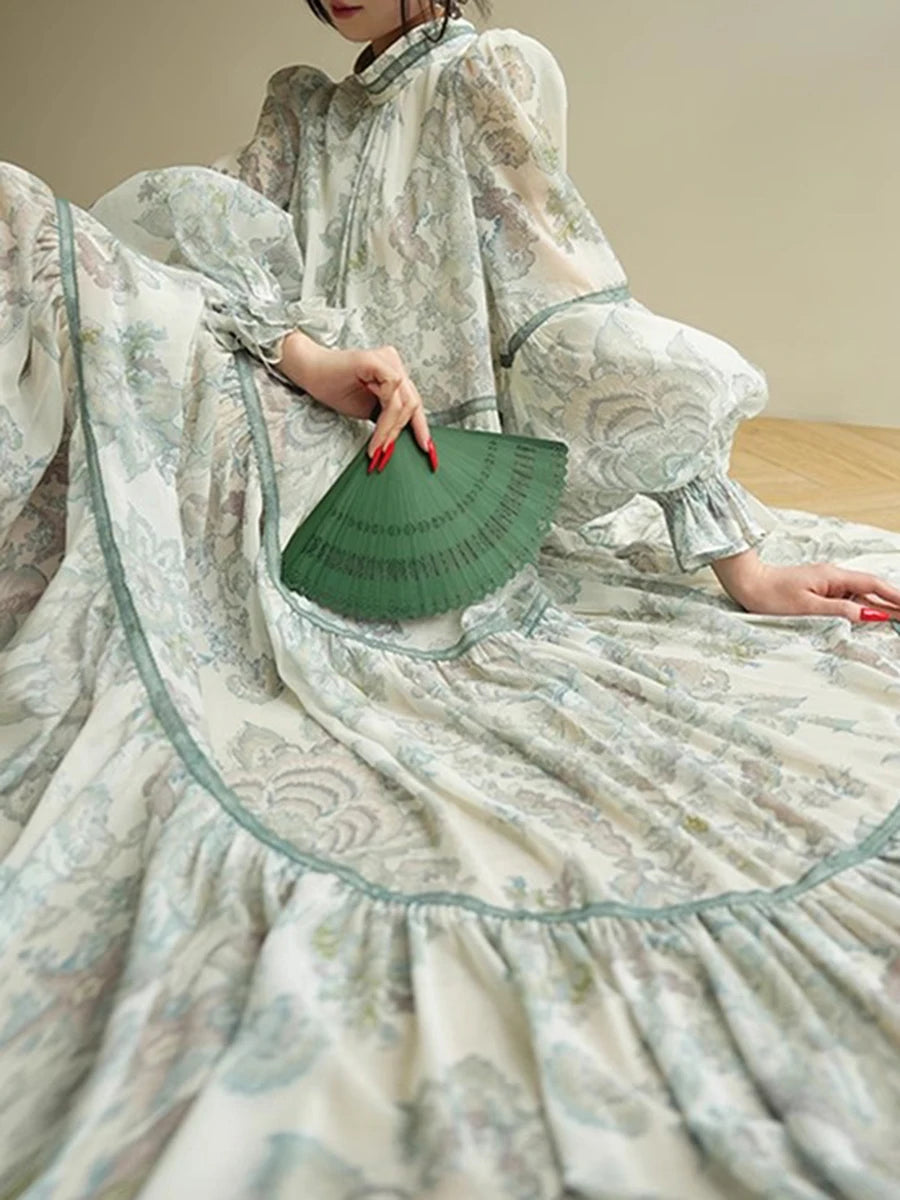 Hit Color Loose Dresses For Women O Neck Long Sleeve High Waist Temperament Long Dress Female Fashion Style Clothes