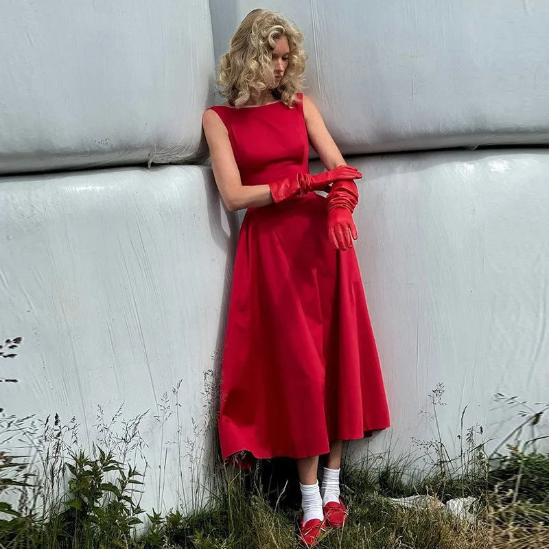 Backless A-line Maxi Dress For Women Fashion Solid O Neck Sleeveless Long Dress Ladies Gown High Waist Tank Dresses