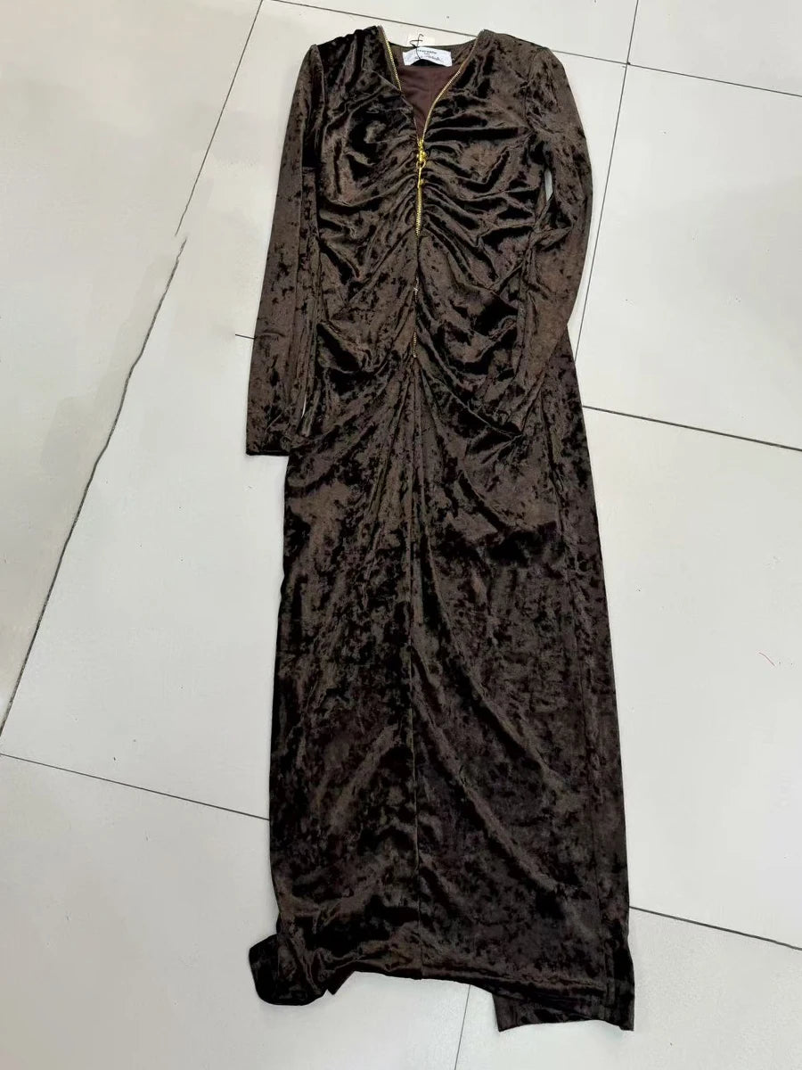 Slimming Spliced Folds Temperament Dresses for Women V Neck Long Sleeves Patchwork Zipper Fashion Dress Female New