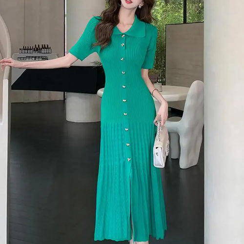 Load image into Gallery viewer, Spring Summer 2025 New Korean Style Black Beige Slim Short Sleeves Dress Women Fashion Green Elegant Single Breasted Long Dress
