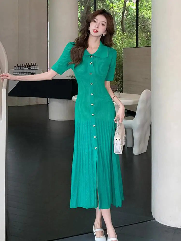 Spring Summer 2025 New Korean Style Black Beige Slim Short Sleeves Dress Women Fashion Green Elegant Single Breasted Long Dress