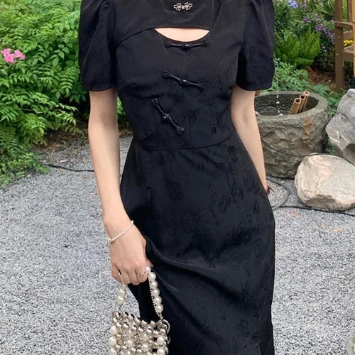 Load image into Gallery viewer, Black Hollow Out Slim Waist Women&#39;s Dresses New Chinese Style Split Chic Buttons Puff Sleeve Fashion Elegant Female Dress
