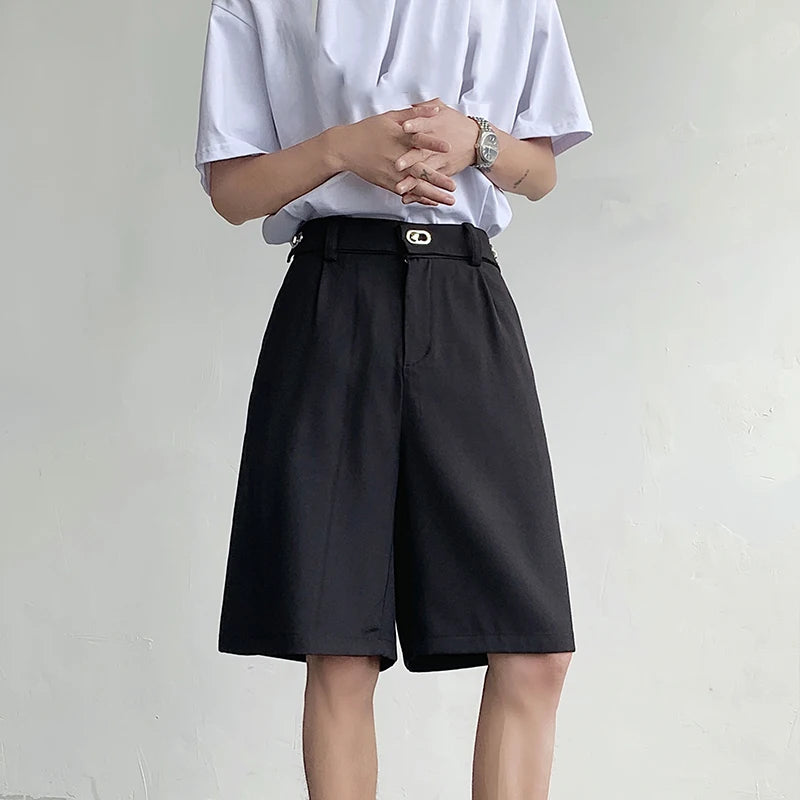 Metal Buckle Suit Shorts Korean Style Loose Summer Trend  Male Pants Casual Zipper Solid Color Loose 9C5337