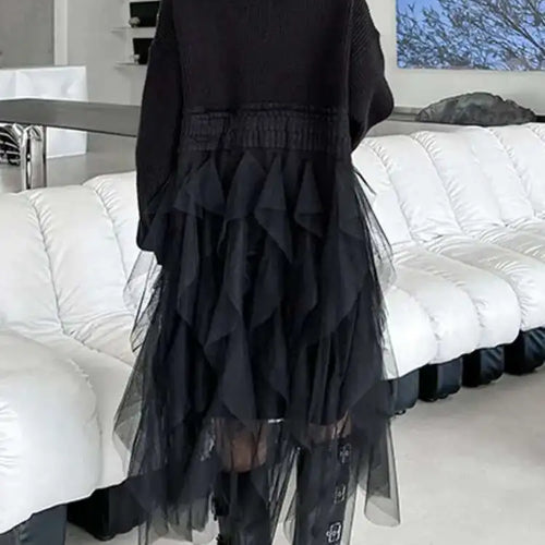 Load image into Gallery viewer, Women Black Big Size Knitting Mesh Irregular Sweater Dress New V-Neck Long Sleeve Fashion Spring Autumn 2025 1DH2366
