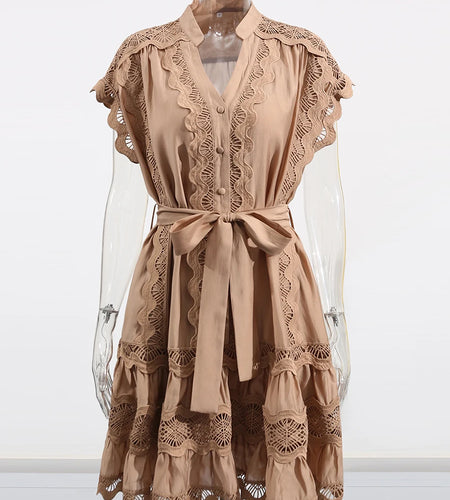 Hollow Out Spliced Single Breasted Dresses for Women V Neck Sleeveless Patchwork Lace Up Dress Female Clothing New