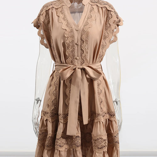 Load image into Gallery viewer, Hollow Out Spliced Single Breasted Dresses for Women V Neck Sleeveless Patchwork Lace Up Dress Female Clothing New
