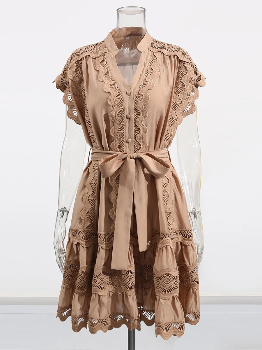 Hollow Out Spliced Single Breasted Dresses for Women V Neck Sleeveless Patchwork Lace Up Dress Female Clothing New