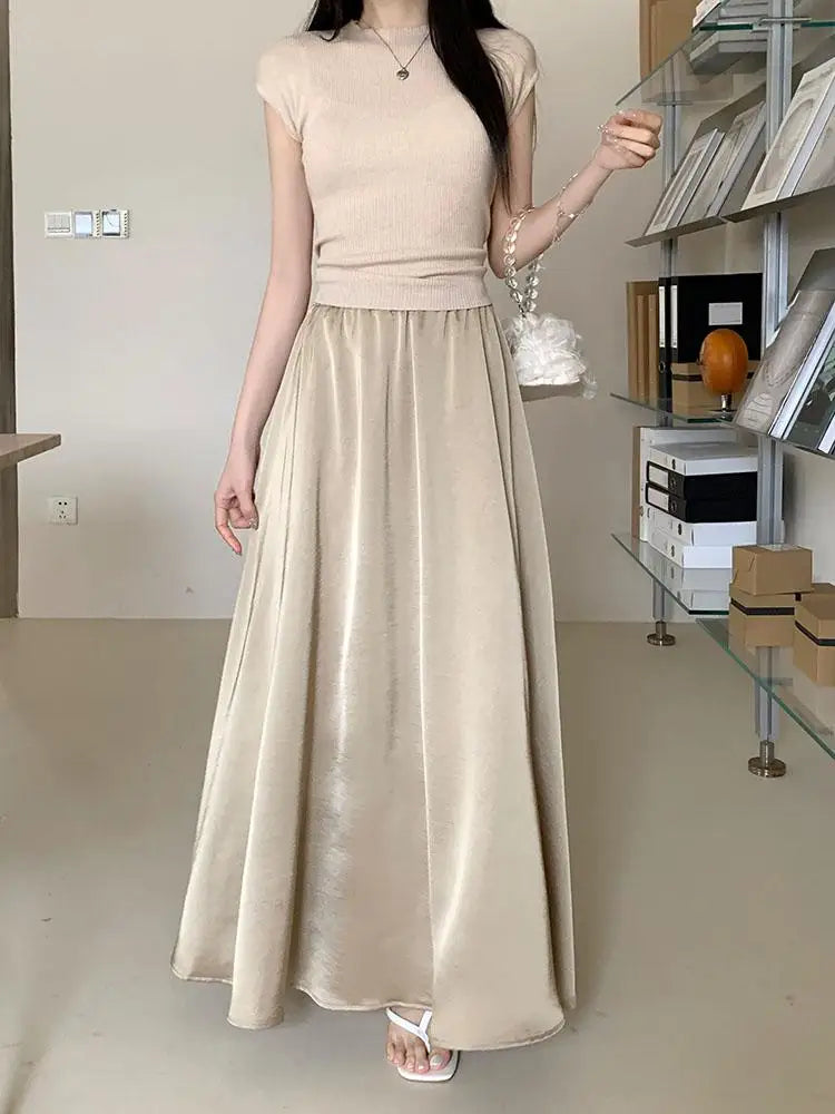 Korean Casual Women's Black White Elegant Simple Pleated A-line Skirt Spring Summer Fashion Slim High Waist Long Skirts Popular