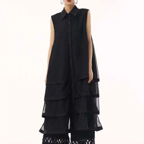 Load image into Gallery viewer, Women Black Layers Mesh Big Size Midi Vest Shirt Dress New Lapel Sleeveless Fashion Tide Spring Summer 2025 1DH9472
