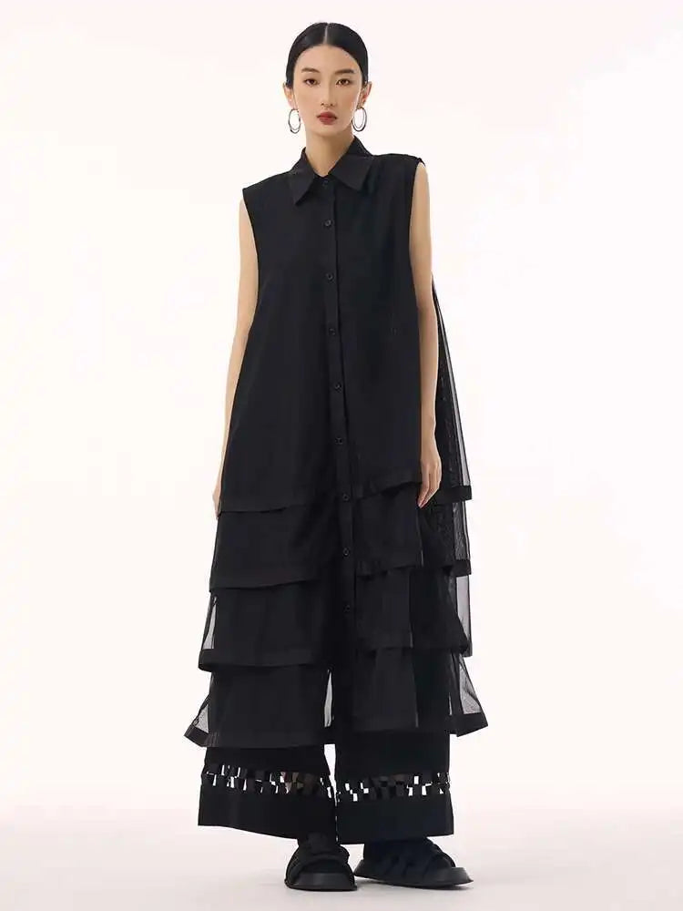 Women Black Layers Mesh Big Size Midi Vest Shirt Dress New Lapel Sleeveless Fashion Tide Spring Summer 2025 1DH9472