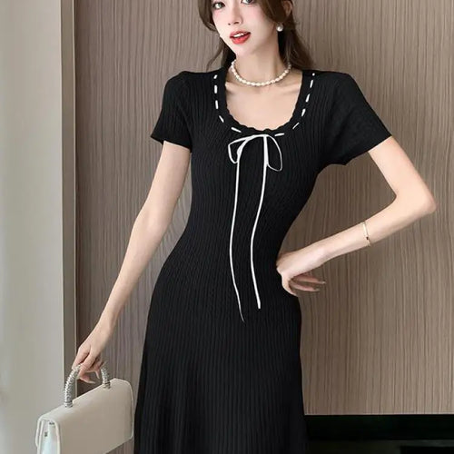 Load image into Gallery viewer, Korean Women's Black Beige Round Neck Knitted Office Lady Short Sleeve Mini Dress Summer Green Lace-up Short Dresses Simplicity
