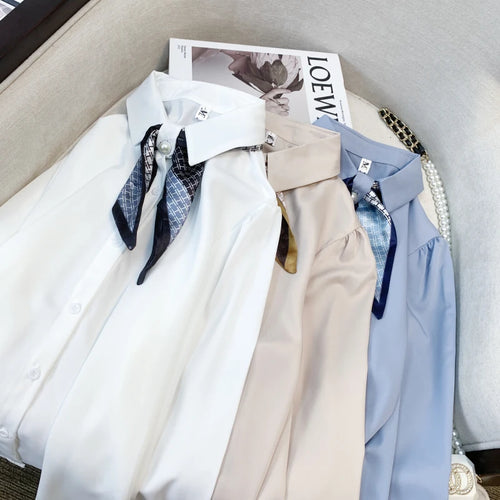 Load image into Gallery viewer, Spring Blue Versatile Blouse White Fashion Women Elegant Tops Casual Ladies Beige Long Sleeve Single Breasted Shirt Popular Chic
