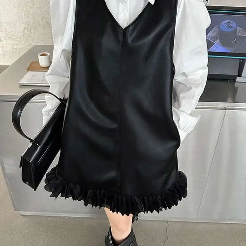 Load image into Gallery viewer, Black Leather Mesh Dress Shirt Two Pieces Suit New Lapel Long Sleeve Women Fashion Tide Spring Autumn 2025 1DH9256
