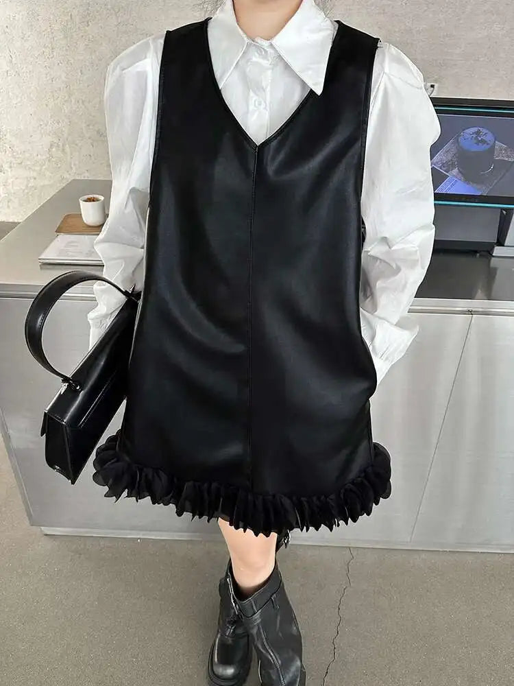 Black Leather Mesh Dress Shirt Two Pieces Suit New Lapel Long Sleeve Women Fashion Tide Spring Autumn 2025 1DH9256