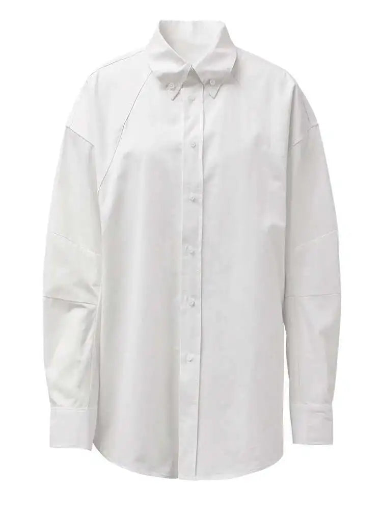 Women Blue Button Shaped Big Size Casual Blouse New Lapel Long Sleeve Shirt Fashion Tide Spring Autumn 2025 CPG1455