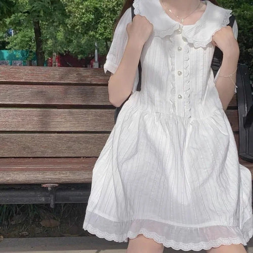 Load image into Gallery viewer, Kawaii White Lolita Dress Women Soft Girl Sweet Princess Ruffle Elegant Dresses Peter Pan Colalr Button Summer
