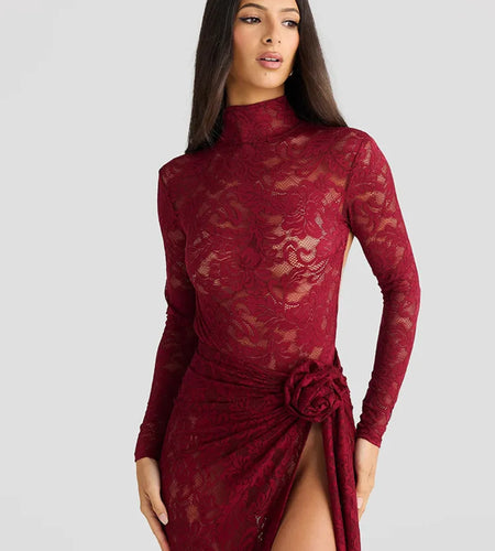 Sexy Lace Slim Perspective Two-piece Set Women High Neck Backless Jumpsuit Side Stitching Long Skirt Holiday Set 2025