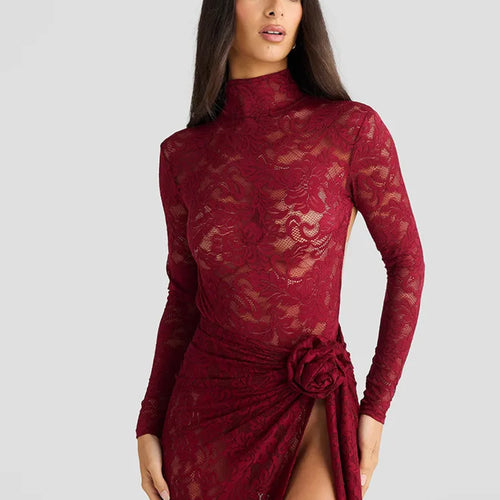 Load image into Gallery viewer, Sexy Lace Slim Perspective Two-piece Set Women High Neck Backless Jumpsuit Side Stitching Long Skirt Holiday Set 2025
